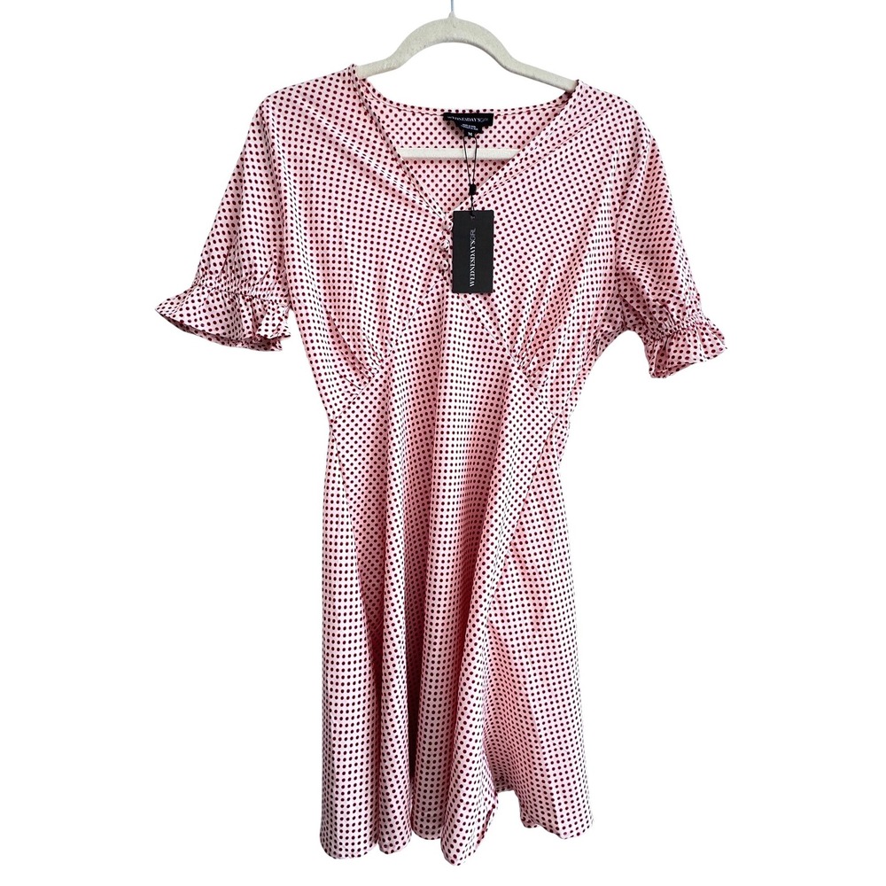 NWT Wednesday Girl Gingham Style Mini Dress Size Medium Polka Dot Ruffle Sleeve